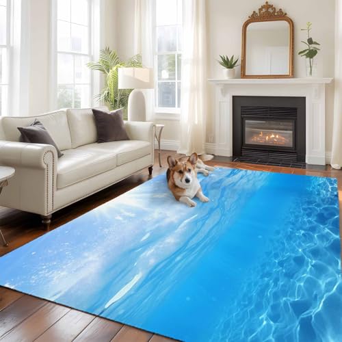 Rectangle Rug 8x10Ft, Underwater Blue Ocean Water Waves Sunshine Through Deep Sea View Soft Non-Slip Washable Felt Carpet Pad, Seascape Area Rugs for Living Room Bedroom Kids Room