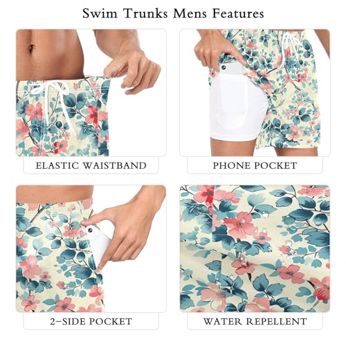 xigua Vintage Floral Pattern Mens Swim Trunks with Liner, 5 inch Quick Dry Mens Boardshorts for Beach3