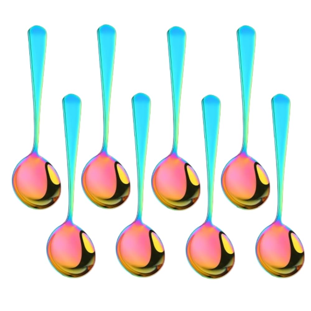 Broth Round Spoon Set, 8 Piece Reusable Stainless Steel Dinner Table Cereal Soup Spoon, 16 cm Camping Ramen Spoons，Dishwasher Safe (Rainbow Color)