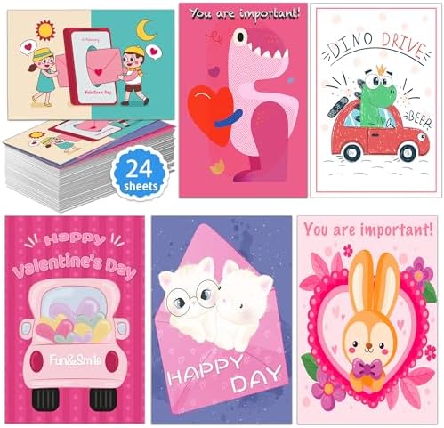 Valentines Day Cards for Kids School, 24 Sheets Valentines Cards for Kids Classroom, Valentine's Day Gifts for Kids, Exchange Kids Gifts for School