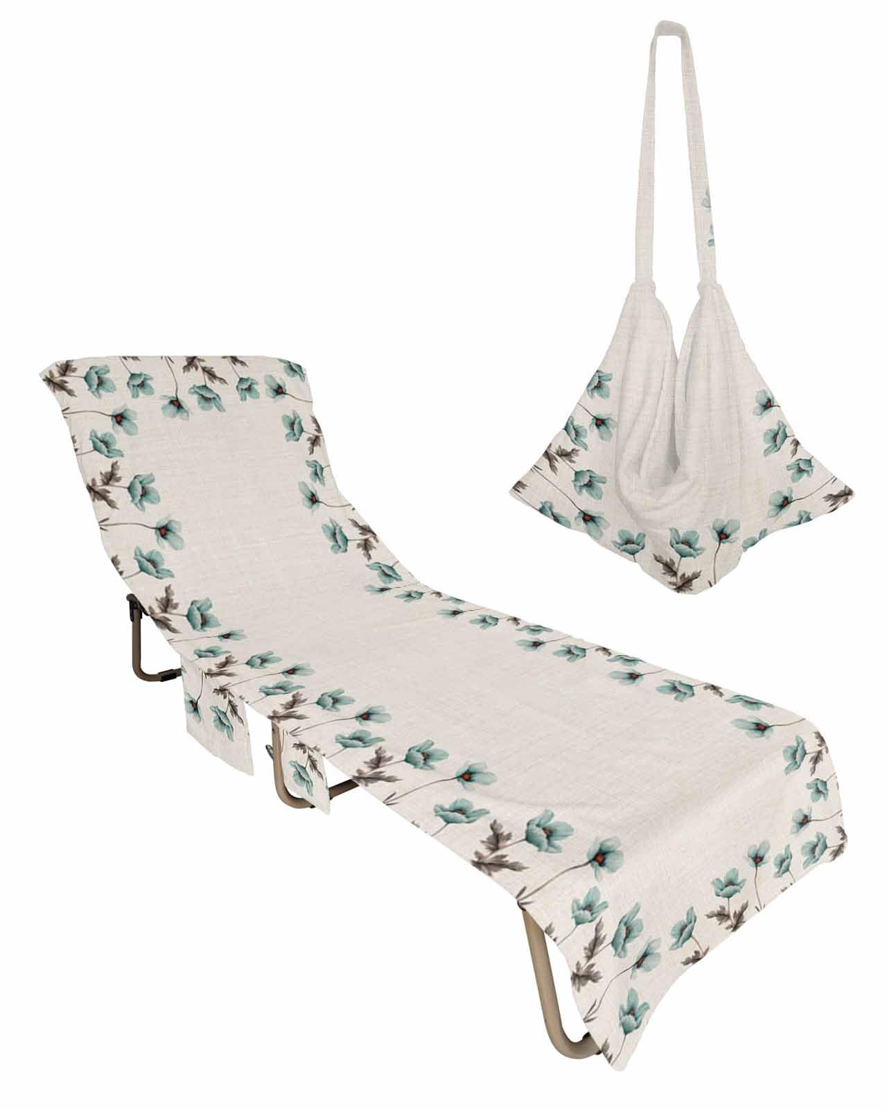 Elegant Flower Beach Chair Towel Covers for Chaise Lounge with Side Pocket, Soft Plush Pool Towels Cover for Patio Sunbathing Outdoor 29''x85'' Rustic Vintage Teal Tulip Farmhouse Floral