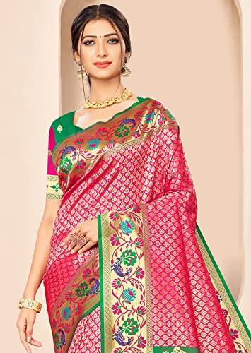 Image of Jaanvi fashion Women's Paithani Silk With Zari Jacquard Work Saree With Blouse Piece(royal-paithani-pink-green)