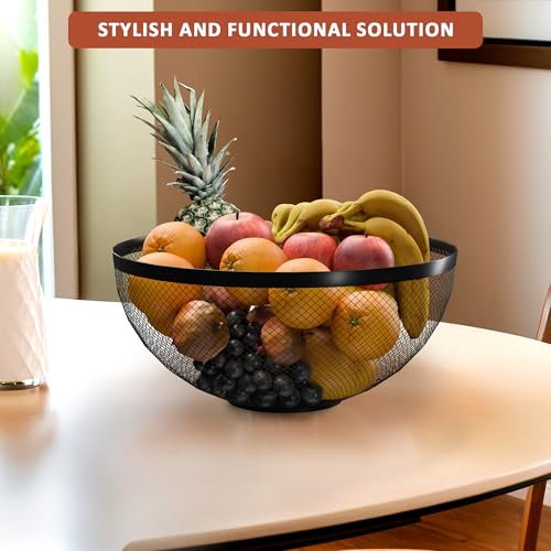 Image of Kuber Industries Metal Fruits & Vegetables Basket Bowl | Veggie Baskets for Dining Table Accessories | Storage Bowls for Decorative Pantry, Home & Kitchen Multi-Purpose Use - Black 27x27x13 cm