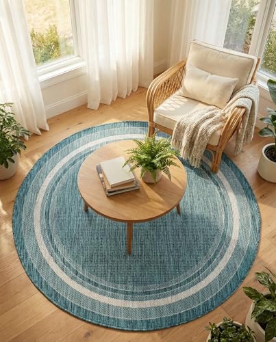 Rugs.com - Outdoor Border Rug – 5 Ft Round Teal Indoor/Outdoor Rug – Easy-Clean Flatweave for Patios, Decks, and Porches