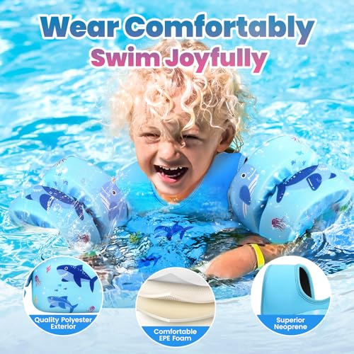 HeySplash Swim Vest for Kids, Toddler Pool Floaties Fit 31-66 Lbs, Children Swimming Vest with Adjustable Strap, Swim Jacket Water Wing Arm Float, Puddle Beach Boat Jumper Boy Girl Age 2-7,Blue Shark