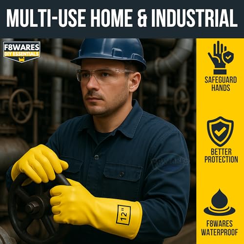 Image of F8WARES Heavy Duty Rubber Gloves for Cleaning Household, Kitchen, Bathroom | All Purpose Protective Thick Hand Gloves for Industrial, Gardening & Safety | Waterproof & Chemical Resistant (1 Pair Yellow)