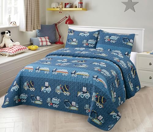 Product Image Kids Zone Collection Bedspread Set Kids/Teen Construction Vehicles Quilted Bedding Set Trucks and Tractors Pattern Blue Twin New # C-Mixer