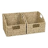 WEAVELYRICS 2-Pack Seagrass Wicker Baskets for Storage, Trapezoid Decorative Baskets with Handles, Hand Woven Pantry Baskets, Open-Front Storage...