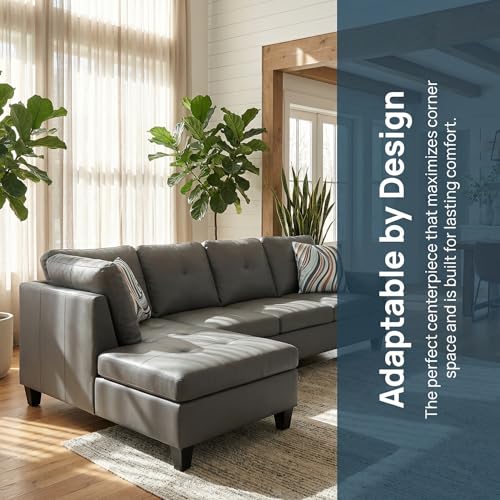 Image of L-Shaped Sectional Sofa, Modern 4-Seat Couch with Left Facing Chaise, Leather Sectional Couch for Living Room, Apartment, Office, Dark Grey