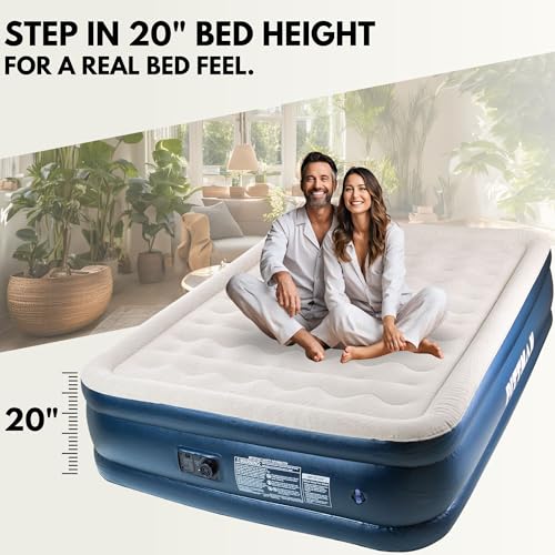 Image of Pittman Outdoors Queen Air Mattress - 20 inch Deluxe Blue Double High, Queen Air Mattress with Built in Pump, 600lb Capacity, Portable Inflatable Bed with Carry Bag, Blow Up Mattress for Home & Travel