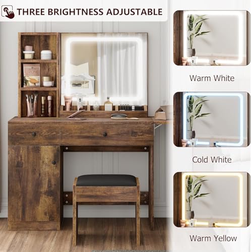 GAOMON Vanity Desk with Mirror and Lights, Makeup Vanity with 2 Drawers & 2 Shelves & One Door, 3 Lighting Modes Adjustable Brightness, Bedroom Dressing Table, Brown