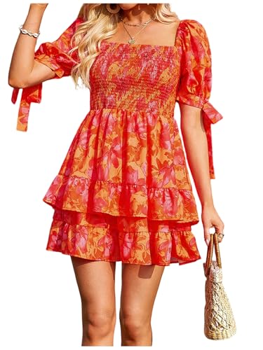 Image of Floerns Women's Floral Print Puff Sleeve Square Neck Tiered Layer Shirred Dresses