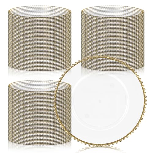 MAONAME Clear Charger Plates Bulk 100 Round Plate Chargers with Gold Rim
