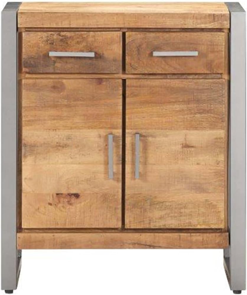 Industrial Style Sideboard with Grey Finish, Solid Mango Wood and Iron Construction, 2 Drawers and 2 Doors for Ample Storage, Modern Living Room Furniture, Durable