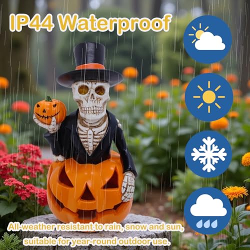 Image of Solar Outdoor Decorations Wizard Skeleton with Pumpkin Figurine Lights, Fall Pumpkin Garden Decor for Yard Patio Porch, LED Skull Gothic Party Accessories, Home Gift for Mardi Gras Shrove Tuesday