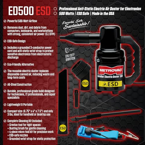 Image of MetroVac DataVac ED-500-ESD Electric Air Duster | Antistatic Computer Air Blower for PC Cleaning with Accessories