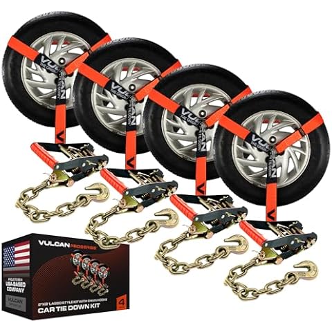 VULCAN Car Tie Down with Chain Anchors - Lasso Style - 2 Inch x 96 Inch - 4 Pack - PROSeries - 3,300 Pound Safe Working Load Cover