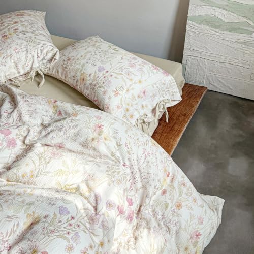 Image of VM VOUGEMARKET Cottagecore Wildflower Duvet Cover Set Twin,Luxury Crinkled Double Layer Cotton Bedding Bedding Set,Lightweight Breathable Floral Comforter Cover for Girls Women