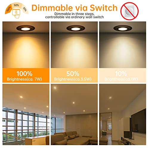 wowatt 5er LED Einbaustrahler 230V Schwarz 3 Stufen Dimmbar 7W IP44 Bad Einbauleuchten Flach Deckenspots 700LM Warmweiß 2800K Ersetzt 70W Halogen Spots Schwenkbar Rund 68mm Einbauspots für Badezimmer