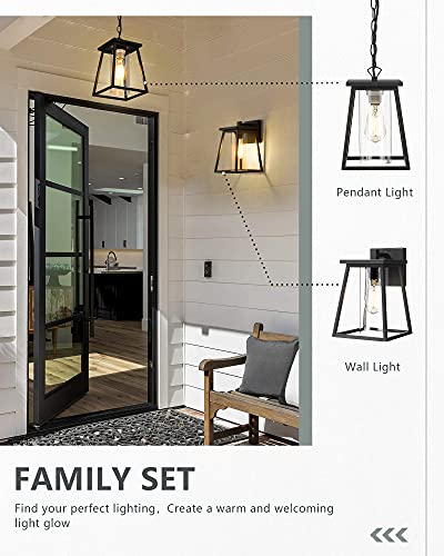 Kauen Outdoor Pendant Lights For Porch, Outdoor Hanging Light Fixture, Front Door Porch Ceiling Pandant Light 10-Inch, Hanging Porch Light Textured Black Finish W/Clear Cylindrical Glass #TOP7