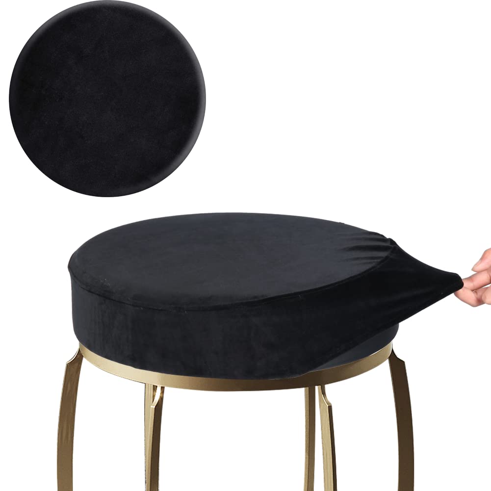 SINOSSO Bar Stool Cover, Super Soft Velvet Dia.15.5"-18" Round Stretchy Washable Dustproof Slipcover for Upholstered Furniture (L, Black,1 Count)