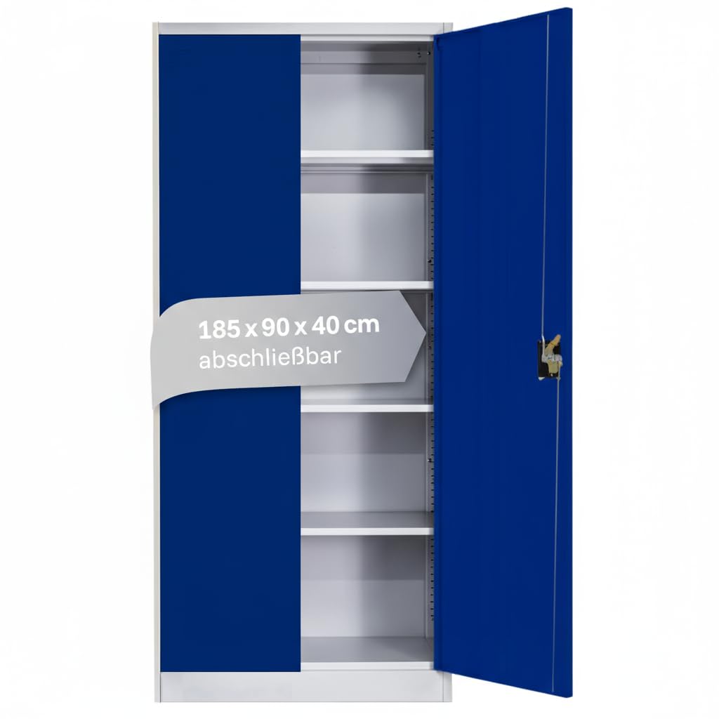 LagerZwei Mehrzweckschrank 185x90x40cm I Metallschrank, 4 Fachböden I Aktenschrank, abschließbar I Robuster Allzweckschrank als Werkstattschrank & Büroschrank I Stahlschrank blau-weiß