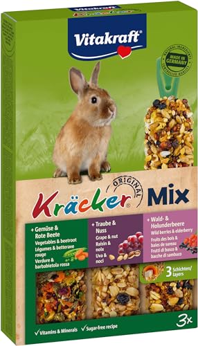 VITAKRAFT-Kräcker-Friandise pour Lapin Nain-Alimentation Complémentaire -Assortiment de Délicieux Kräckers Légumes Betterave, Raison Noix et Fruits des Bois Baies de Sureau-Boîte de 3 Baguettes-160g