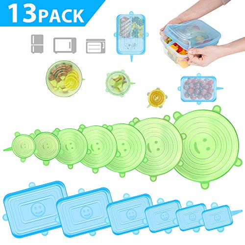 Modohe Silicone Stretch Lids, 13 Pack Silicone Lids Food Covers, Stretchable, BPA Free,No Leak,Various Sizes,Shapes,Reusable Food Covers for Container,Bowl,Food,Stretchy Lids Used in Freezer,Microwave