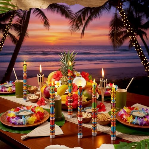 Image of Aurelema 6 Pcs Tribal Tiki Flameless Candles Hawaiian LED Flameless Candle Set Battery Operated Taper Flickering Candles Luau Celebration with Remote for Summer Holiday Tiki Bar Party Table Decor Gift