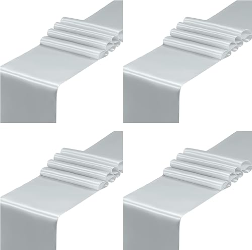 SiinvdaBZX 4 caminos de mesa de satén plateado de 12 x 108 pulgadas de largo, decoración de camino de mesa de boda de satén liso brillante para