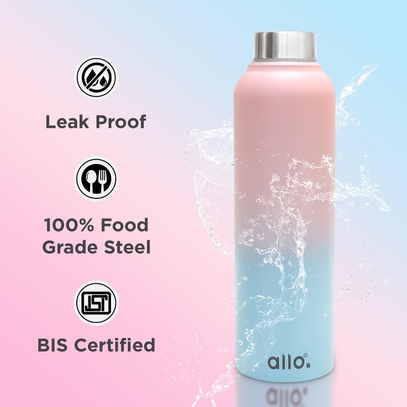 Image of Allo Stainless Steel Water Bottle For Adults, Kids 950ml Water Bottles For School, Office, Sports, Gym 950ml Water Bottle For Men And Women, Pack Of 2| Leak Proof, Bpa Free, Pink And Baby Blue