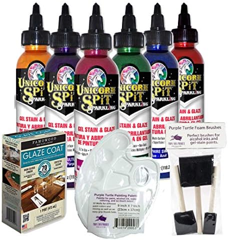 Unicorn SPiT Gel Stain & Glaze Paint in One Bundle with Famowood Glaze Coat Kit, and Purple Turtle Products Accessory Kit (Sparkle Spit All 6, 4 oz)