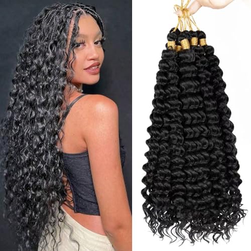 Deep Wave Crochet Hair 18 Inch 6 packs Long Curly Braiding Hair Extensions Ocean Wave Crochet Hair For Black Women Synthetic Ocean Hair Curly For Boho Box Braids (#1B, 18inch, 6PC)