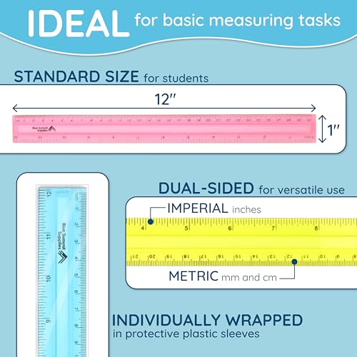 Blue Summit Supplies 30 Plastic Rulers Bulk for Classroom, Bulk Ruler 12 Inch for School, Home, or Office, Metric and Imperial, Clear Plastic Rulers 12 Inch, Assorted Colors
