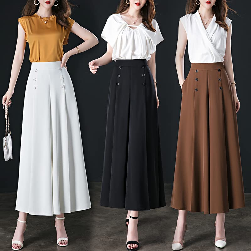 Cool and Slim Stylish Pleated Wide-Leg Pants,Elegant High Waisted Beach Flowy Wide Leg Pants,Fashion Casual Elastic Waist Skirt Pants for Women. (M, Black)2