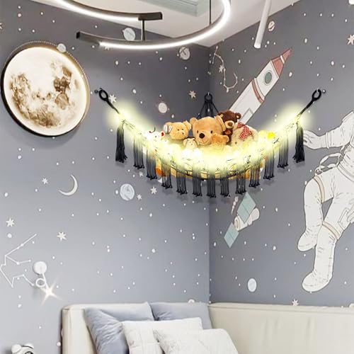 Image of CERETIA Stuffed Animal Hammock with LED Light, Large Stuffed Animals Storage Corner Plushie Net for Kids Room Decor, Jumbo Black