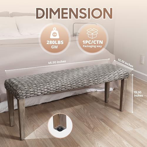 Image of Outdoor Rattan Backless Bench, All-Weather Wicker & Solid Acacia Wood, Upholstered Premium Garden Bench with Woven Rattan Seat and Thick Outdoor Cushion for Patio, Porch, Living Room or Entryway