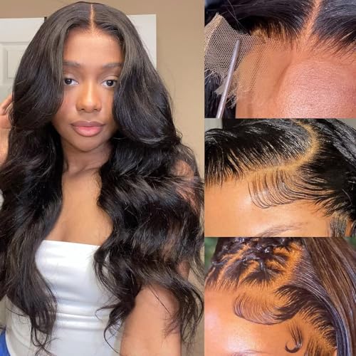 Aaliweya 5x5 Skinlike Real HD Lace Closure Wigs Human Hair with Drawstring 5x5 Body Wave Closure Wig for Women Pre Plucked 200% Density Glueless Wear and Go Wig Super Soft Natural Black 24inch