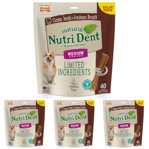 Image of Nylabone Nutri Dent Dog Dental Treats, Filet Mignon Flavor, 40 Count, 2.3 Pound (Pack of 4)