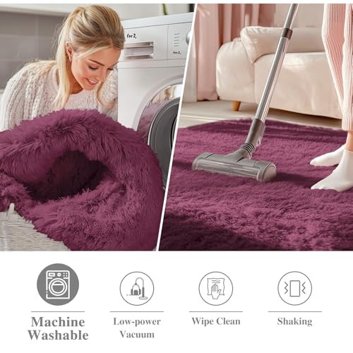 OLANLY Burgundy Round Rugs for Bedroom - Machine Washable, 3 ft Circle Area Rugs for Living Room, Soft and Fluffy Shaggy Carpet for Teen Girls and Boys, Nursery Rooms, Dorms, Home Decor Aesthetic