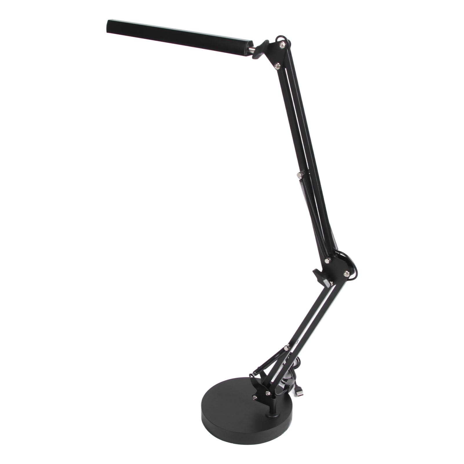 Lámpara de escritorio con brazo oscilante, lámpara de mesa LED con múltiples articulaciones, plegable, USB, para el cuidado de los ojos, con base redonda (Negra)