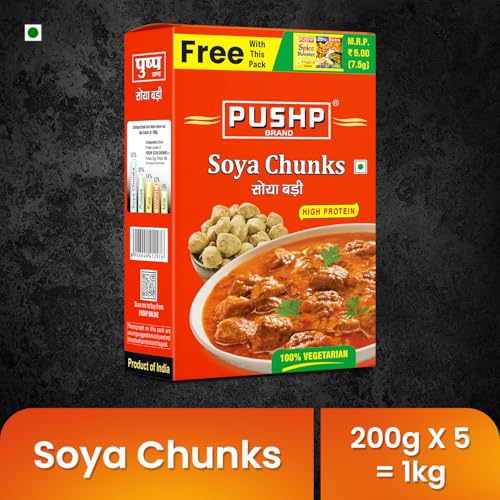 Image of Pushp Brand SOYA Chunks High Protein and Pure Vegetarian, SOYA Wadi (200g) (Pack of 5)