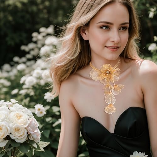 BriLove Strand Statement Flower Necklace for Women, Shiny Chic Floral Collar Bib Necklaces Dangle Earrings Jewelry Summer Beach Holiday Costume Prom4