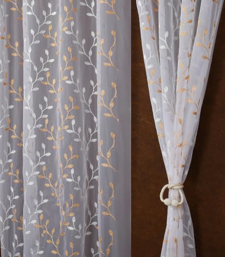 Image of Fabrilia Sheer Tissue Embroidery Curtain for Living Room, Bedroom & Dining Area | Leaf Vine Pattern Net Eyelet Curtain | White with Gold Touch Design | 5 feet Long Set of 2 Curtain