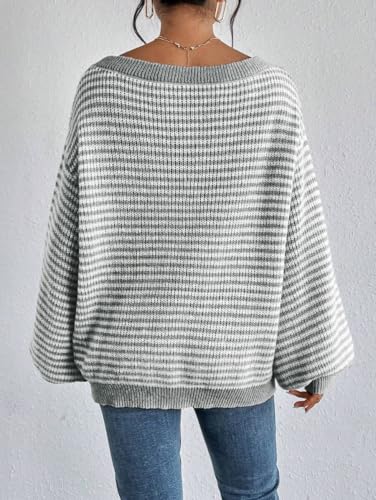 SKAYS Off The Shoulder Sweater Fall Striped Pullover Knit Sweaters for Women Long Sleeve Lightweight Drop Shoulder Tops2