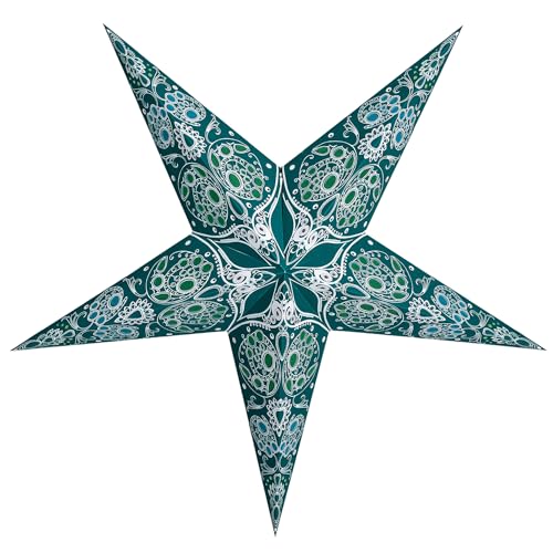 Image of GalaxyArts Paper Star Lantern, Turquoise Maharani 24 Inch 3D 5-Pointed Light-Up Hanging Lamp, Handcrafted Hollow Home Decor for Christmas, Weddings, Holidays, Birthday, Indoor Outdoor Parties