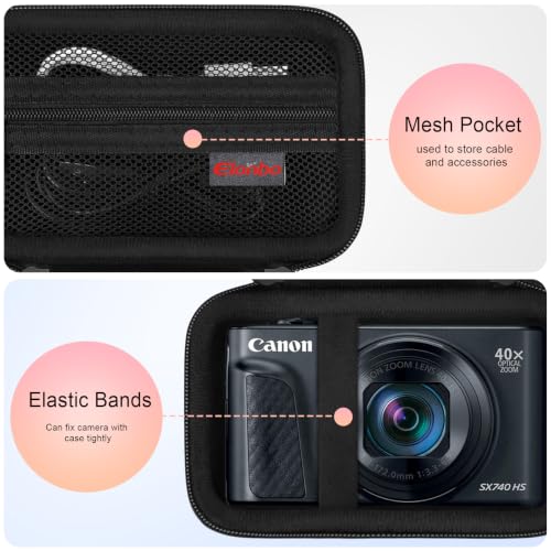 Image of Elonbo Camera Case for Canon Powershot SX740 HS / SX730 HS / SX720 HS / SX620 Digital Camera, Canon SX740 HS 4K Video Camera Carrying Case, Hard Travel Bag with Extra Mesh Pocket fits Cables, Black