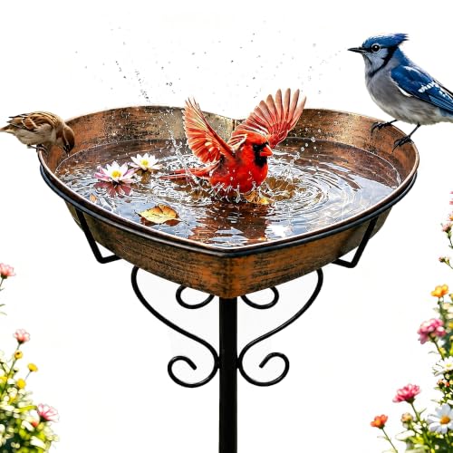 Image of Goodeco Metal Heart Bird Bath - 2.17 inch Deep, 12.1 inch Easy-Clean Removable Bowl | Vintage copper finish, 34.7 inch tall rust-resistant 5-pronged stake, romantic garden gifts for bird lovers, mom, or grandparents