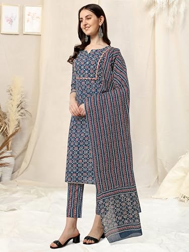 Image of MIRCHI FASHION Women's Straight Fit Cotton Ethnic Block Motif Printed Kurta Set with Dupatta and Trouser
