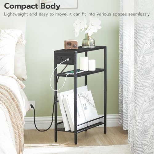 Image of HOOBRO Small Narrow Side Table with Charging Station Set of 2, Skinny End Table for Small Spaces, Slim Nightstand with USB Ports Outlet, Sofa Beside Table with Storage Shelf BB102UBZP201